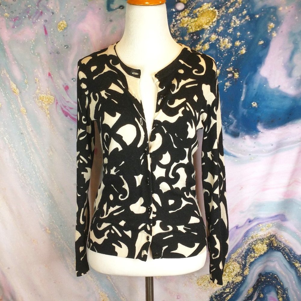 J. CREW off-white + black graphic swirly print Cashmere button Cardigan Sweater